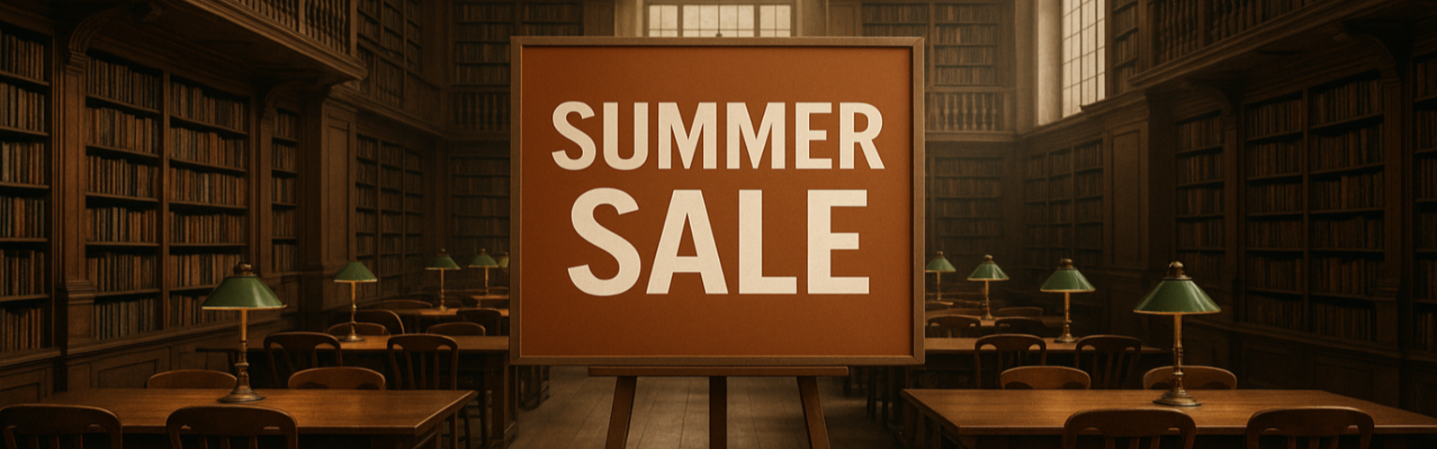 Library with a 'Summer Sale' sign on an easel
