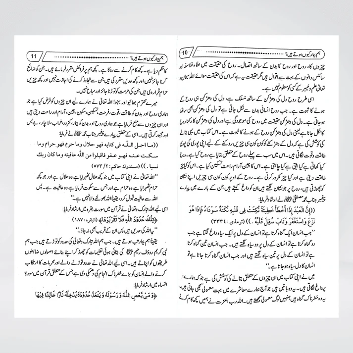 Hum Beemar Kyun Hotay Hain spread showing Hadith reference on patience during illness