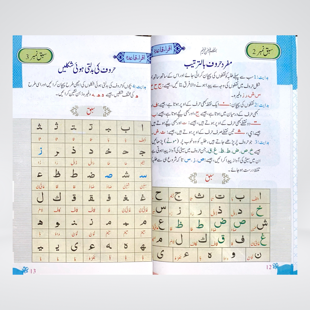 Iqra Qaida Colorful pronunciation practice page for beginners
