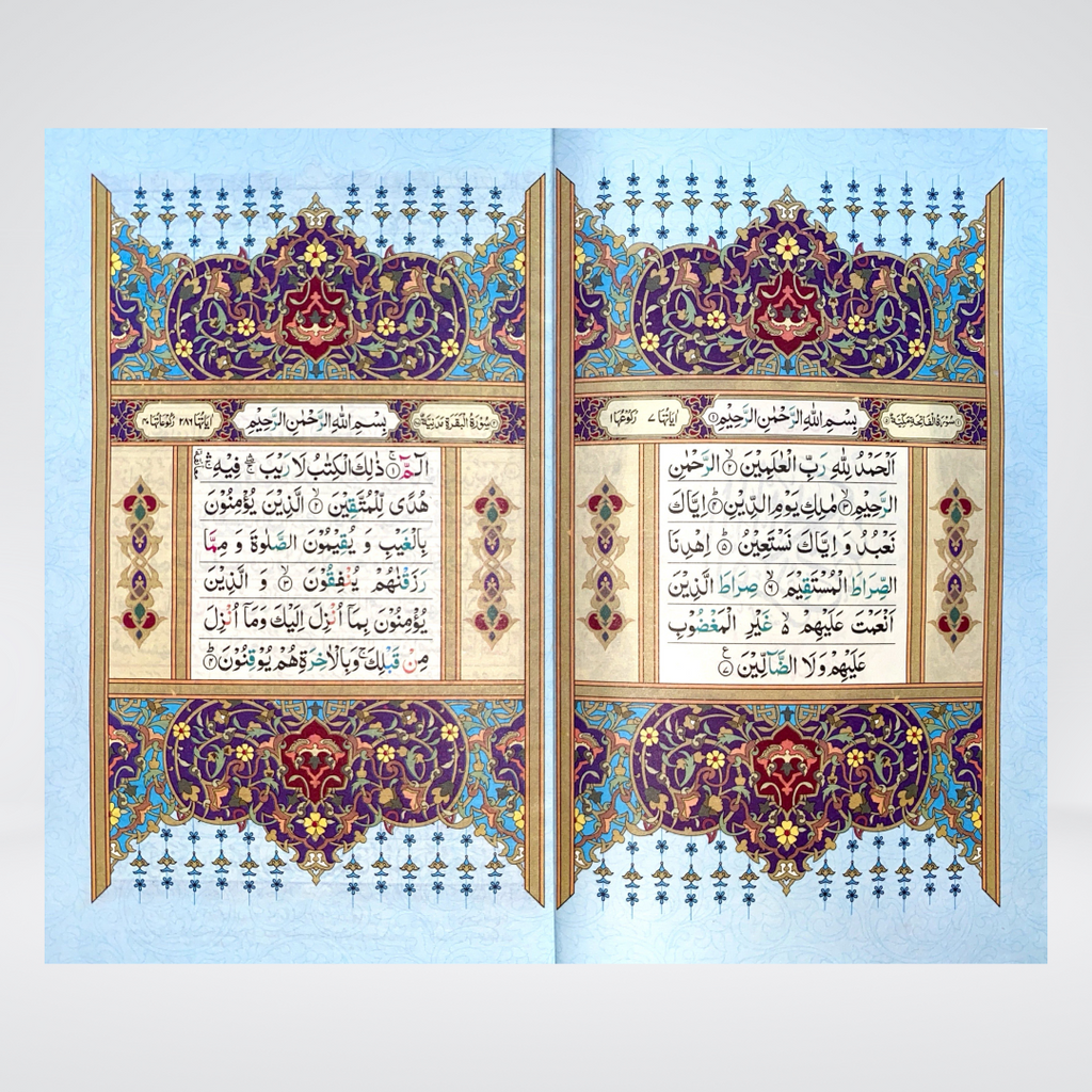 16 Lines Tajveedi Quran sample spread with color coded recitation markings